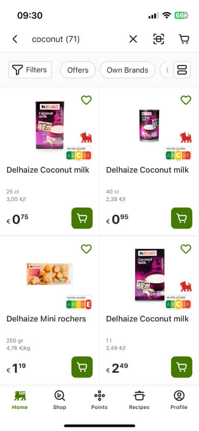 Capture d'écran du l'application mobile My Delhaize